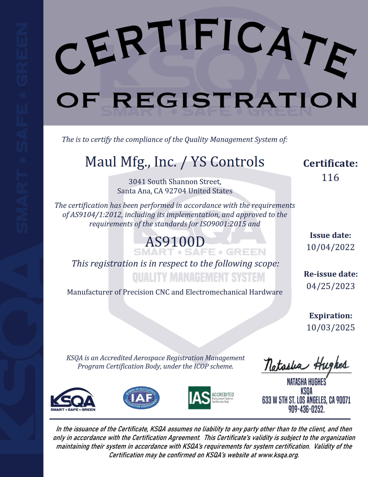 AS9100D ISO 9001:2015 Certificate